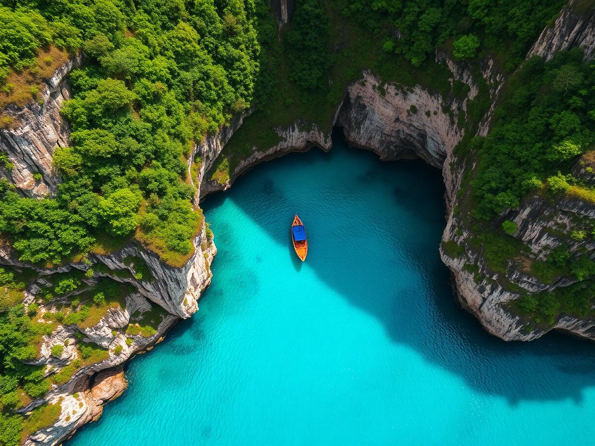 Turquoise lagoon between green cliffs seen from above