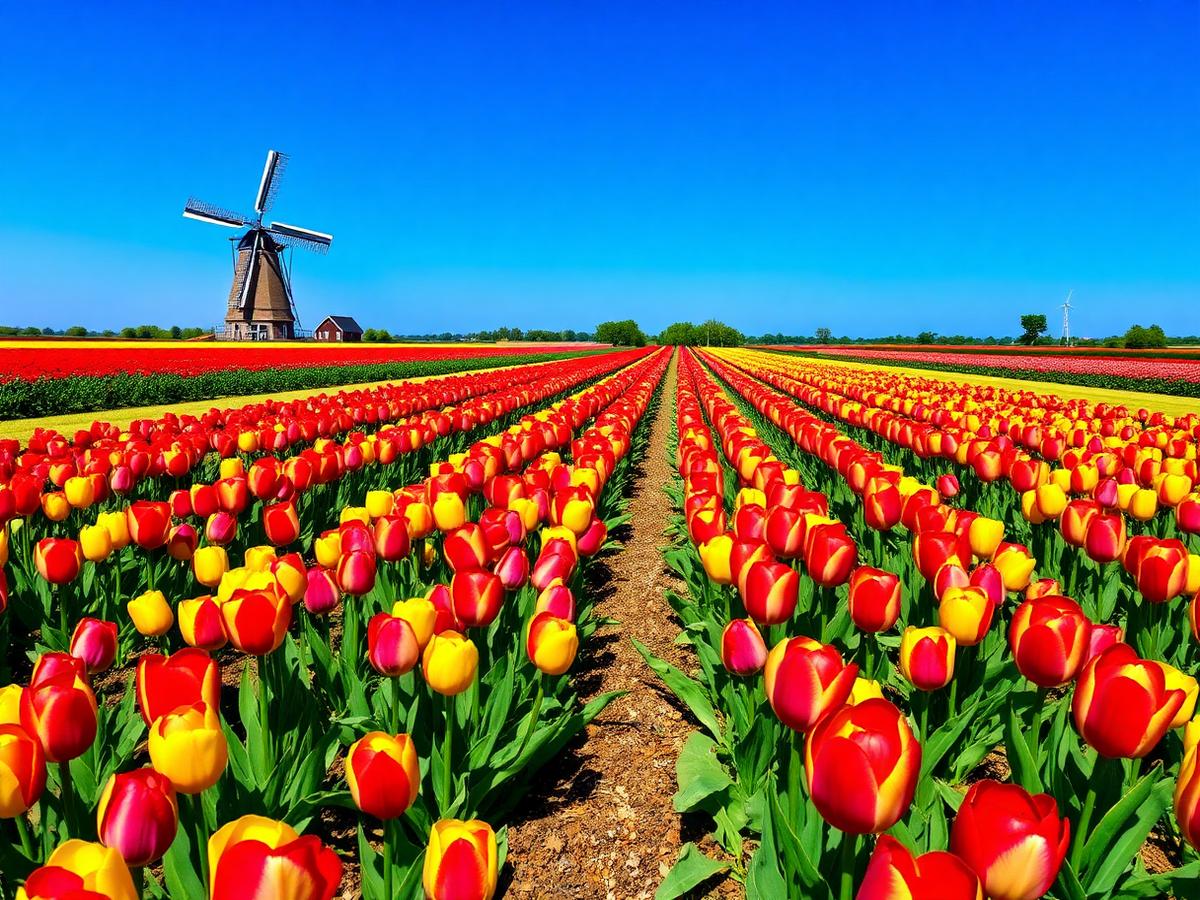 Rows of red and yellow tulips under a blue sky