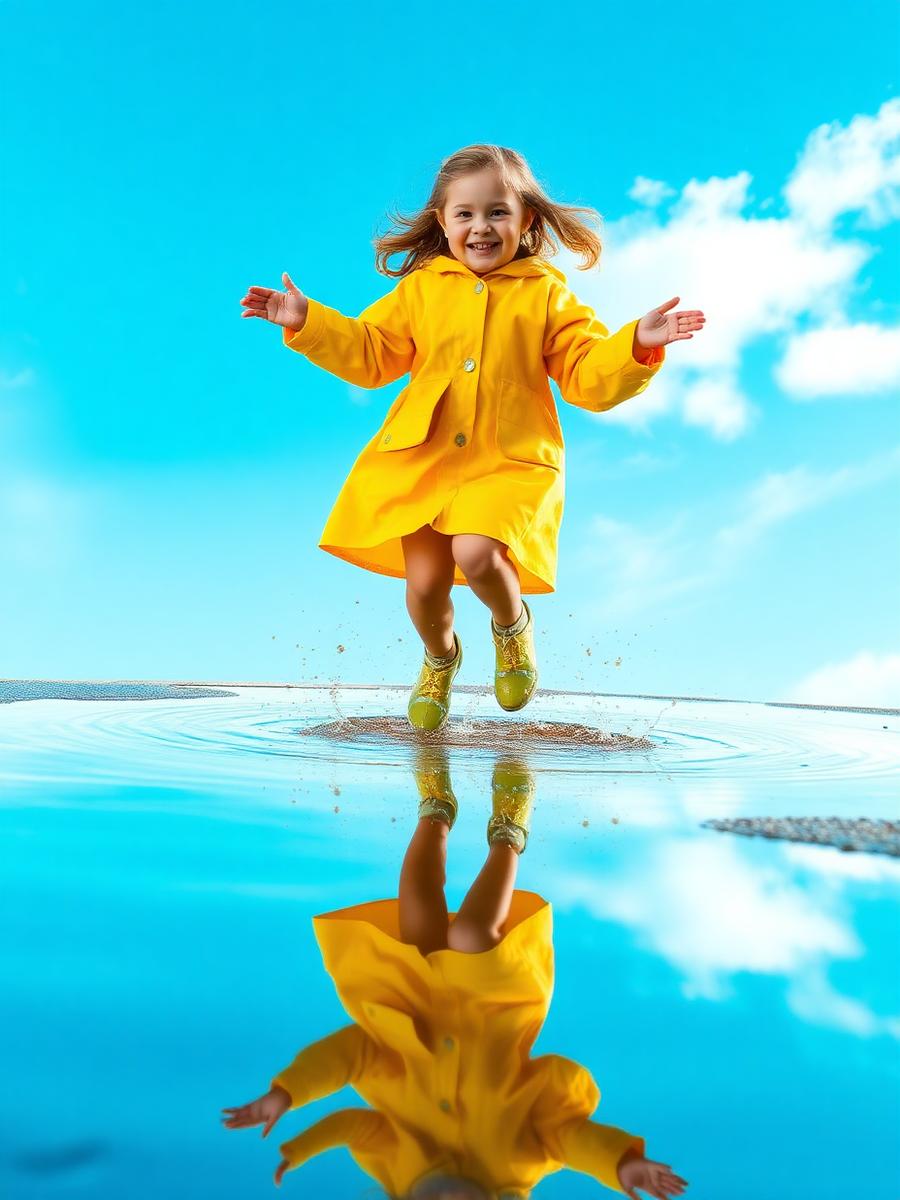 Child in a yellow raincoat jumping into a puddle reflecting a blue sky