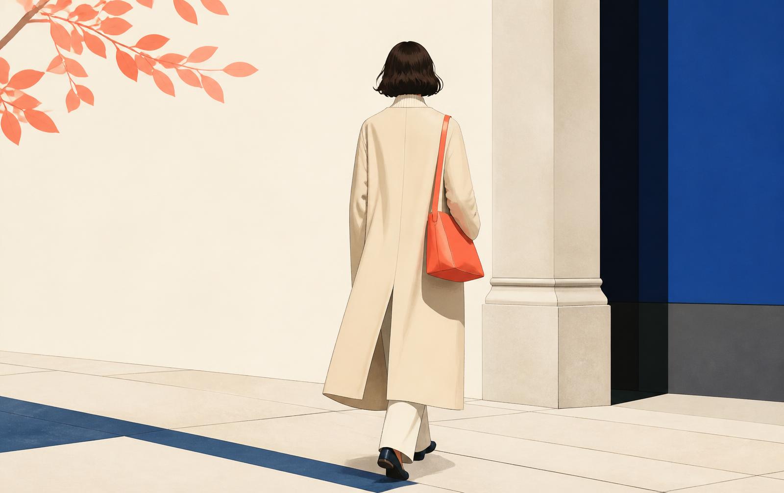 Illustrative image: a person in a neutral cream coat carrying a single coral shoulder bag on a pale city pavement.