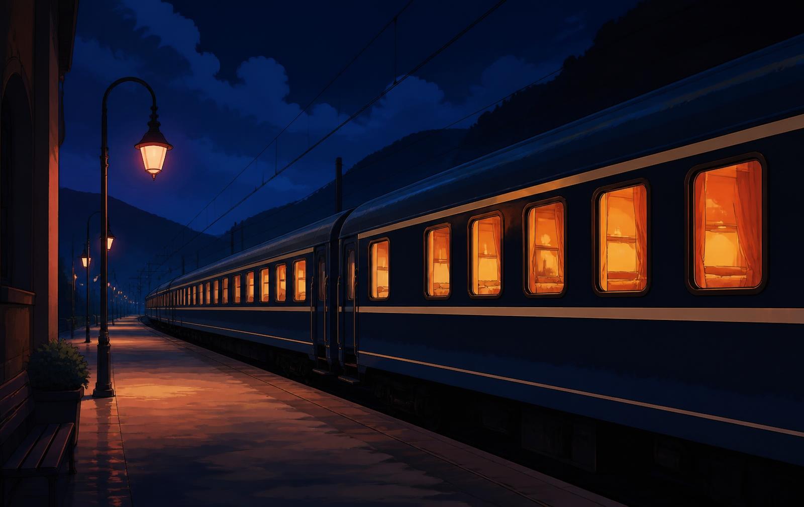 Illustrative image: a sleeper train with warmly lit windows standing at an empty railway platform at night.