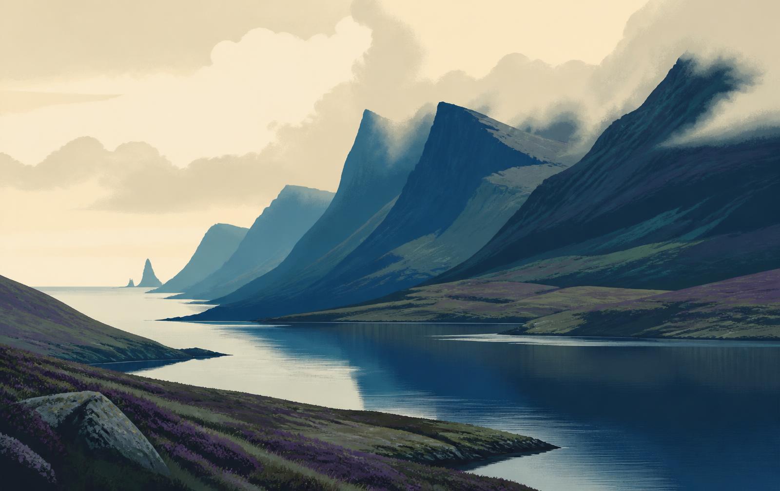 Illustrative image: steep ridges rising above a still Scottish loch under low cloud, with a distant sea stack.